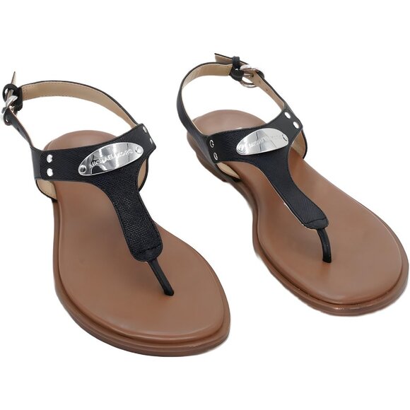 Michael Kors MK Plate Flat Thong Sandals Black T-Strap Logo Women's US 6M - Picture 1 of 6